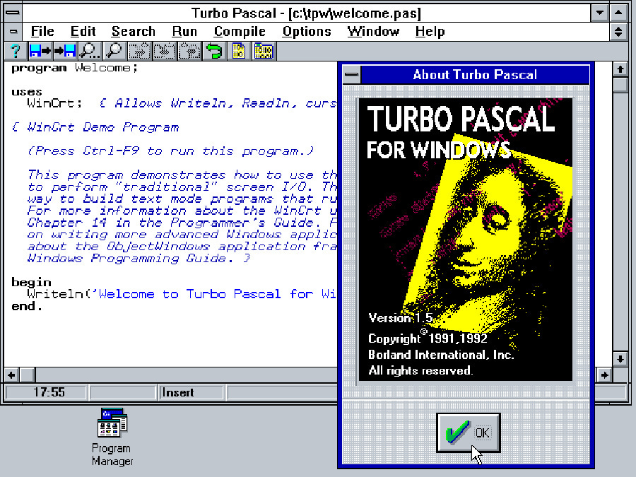 Screenshot of Turbo Pascal for Windows running on Windows, showing a code editor with sample Pascal code and an "About Turbo Pascal" dialog box in the foreground. Screenshot of Turbo Pascal for Windows running on Windows, showing a code editor with sample Pascal code and an "About Turbo Pascal" dialog box in the foreground.