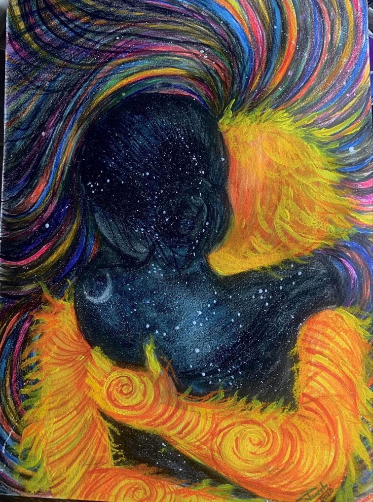 This may contain: a drawing of a woman with her arms crossed in front of the sun and stars