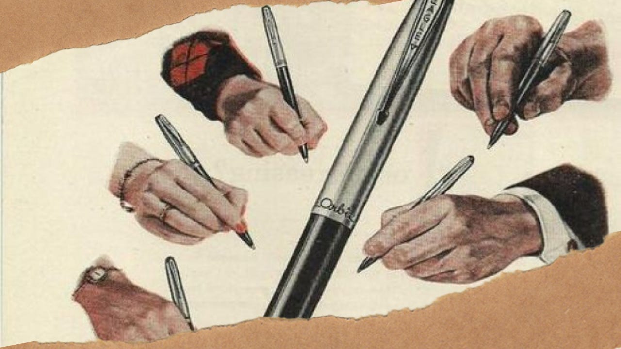Vintage illustration of six hands, each holding a ballpoint pen, arranged around a large central pen labeled “Orbit.” The hands appear diverse in style, wearing different clothing and accessories, suggesting a variety of users. Torn paper edges frame the image.