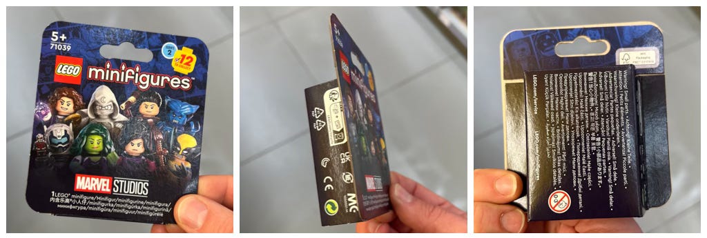 A triptych of three angles of a lego mini figure box