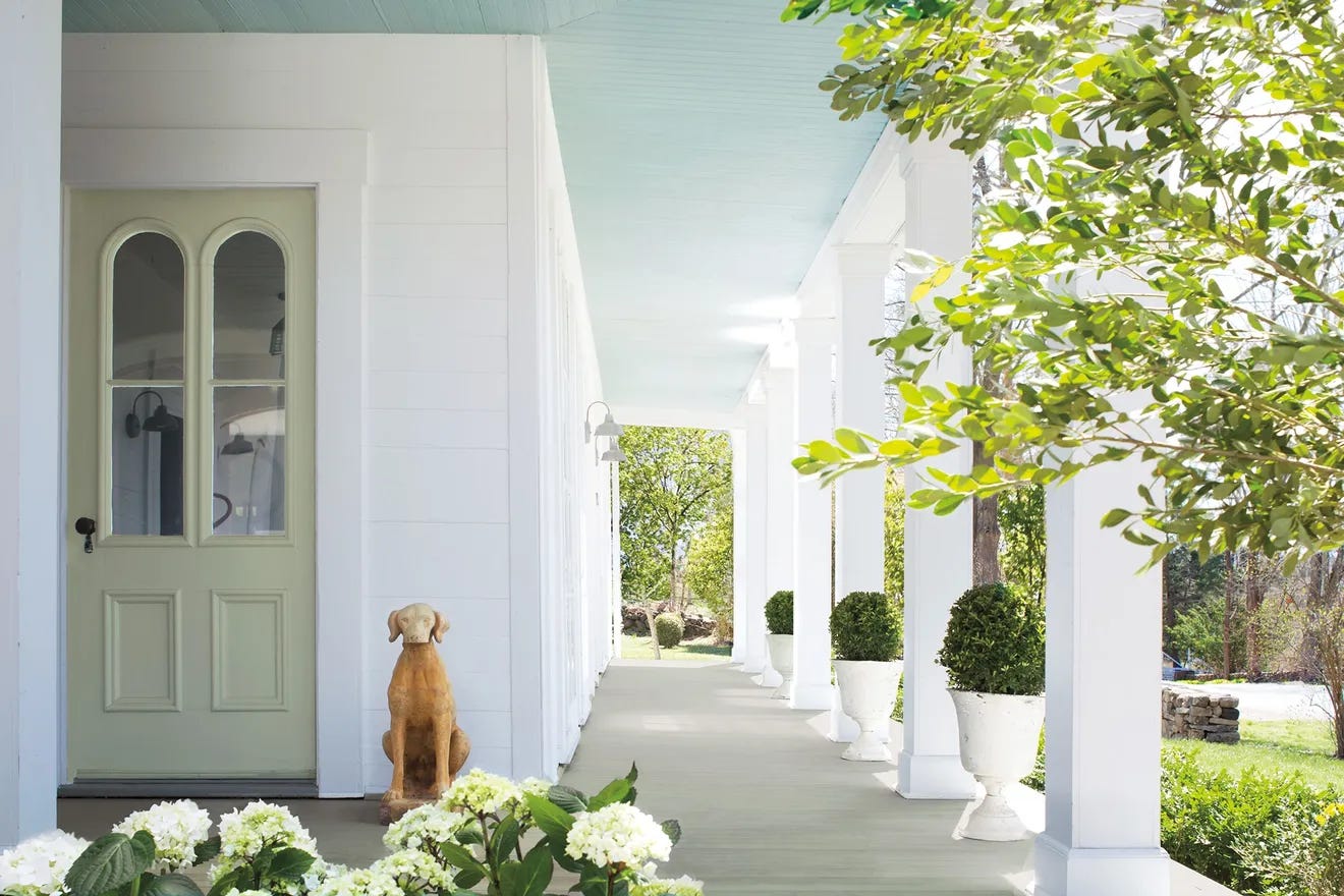 blue porch ceiling in Benjamin Moore Harbor Haze blue porch ceiling in Benjamin Moore Harbor Haze
