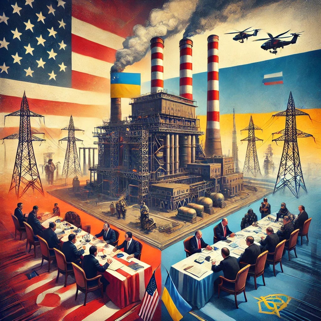 An artistic representation of geopolitical tensions surrounding Ukraine's energy infrastructure. The image depicts a Ukrainian power plant in the center, with the U.S. and Russian flags positioned on opposite sides. On the left, a U.S. representative is holding a document labeled 'Energy Control Proposal,' symbolizing the American interest in managing Ukraine's power facilities. On the right, a Russian representative observes the situation with concern. In the background, diplomats are seated at a negotiation table, while subtle military elements, such as surveillance drones, hint at ongoing tensions. The composition uses a mix of warm and cool tones to contrast diplomacy with underlying conflict.