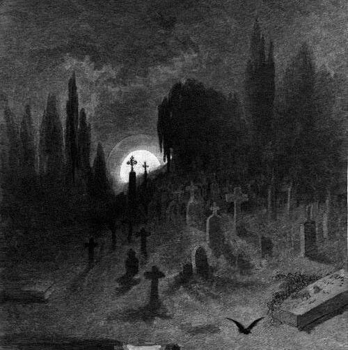 This may contain: an old cemetery with tombstones and trees in the background at night, vintage engraved engraving This may contain: an old cemetery with tombstones and trees in the background at night, vintage engraved engraving