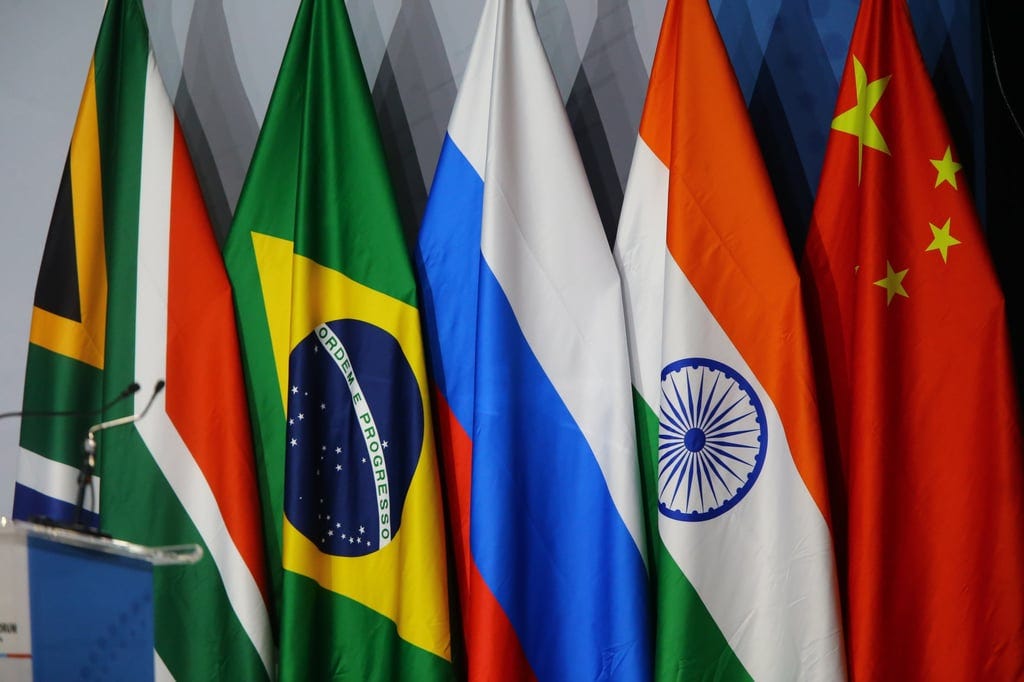 The flags of South Africa, Brazil, Russia, India and China are displayed during the 15th Brics Summit in Johannesburg, South Africa, in August 2023. Photo: EPA-EFE