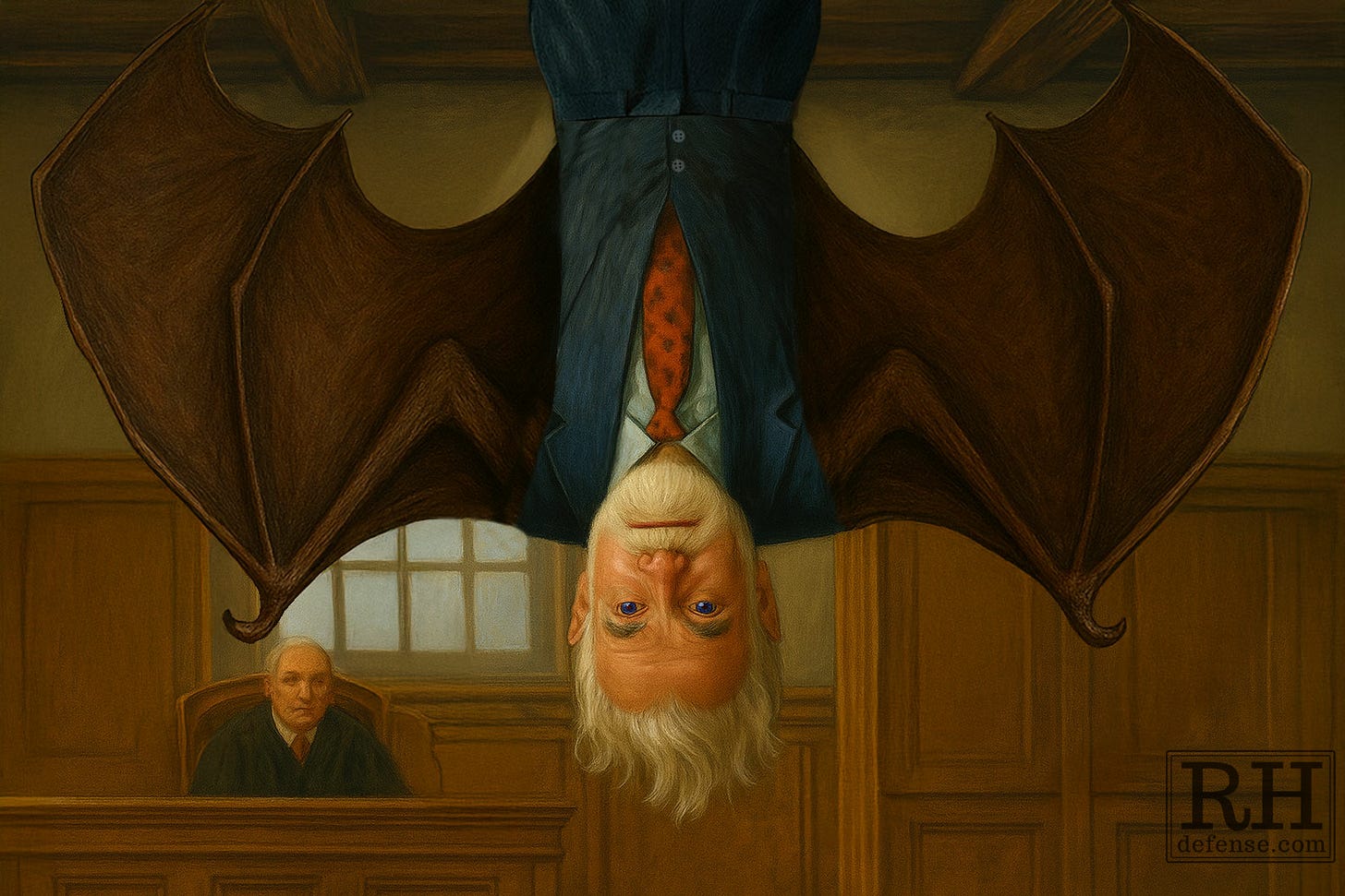 A realistic watercolor-and-oil painting of a white-haired lawyer in a suit hanging upside-down from the ceiling of a courtroom, his large bat wings extended naturally downward. A judge watches from the bench below, startled. The image blends humor and philosophy, echoing Thomas Nagel’s question: what is it like to be a bat?