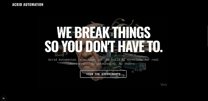 Before screenshot of the Scrollytelling Hero section. The text 'WE BREAK THINGS' is incorrectly positioned on top of the 'Exploding Head' graphic, obscuring the animation due to a CSS Z-Index conflict.