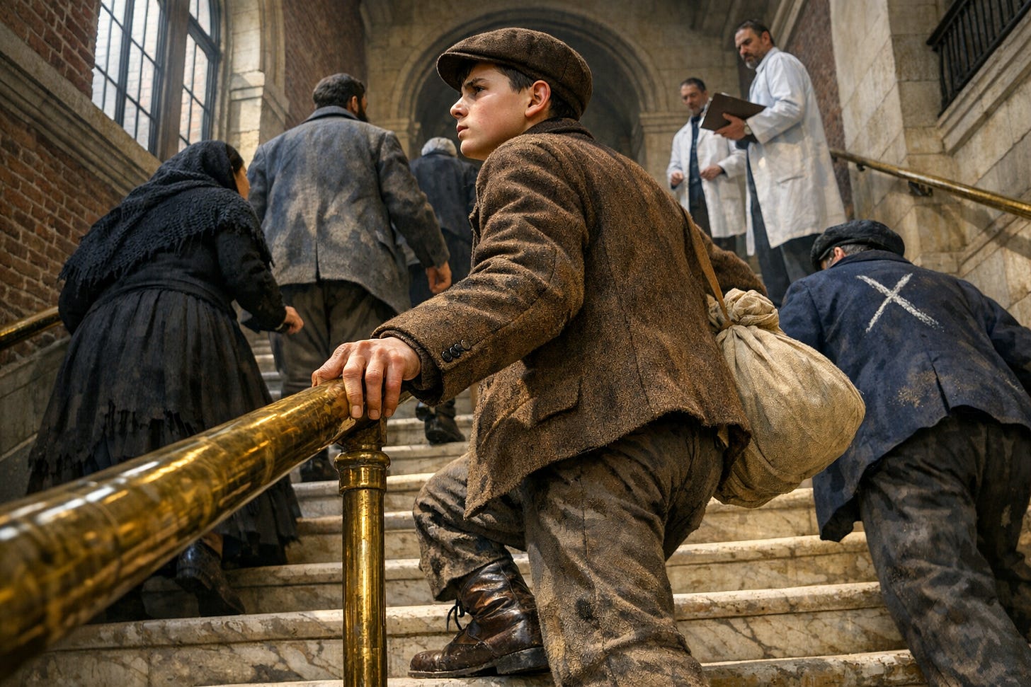 Image Prompt: Hyperrealistic color photograph in 16x9 landscape format, dramatic lowangle observer perspective looking up grand marble staircase, 16yearold Polish boy climbing stairs in center of frame twothirds up staircase, brown wool jacket, brown cloth cap, short dark hair, pale gaunt determined face in profile showing clenched jaw and brown eyes focused upward, carrying beige cloth bundle in left hand, right hand gripping polished golden brass railing worn smooth, scuffed brown leather boots visible on creamcolored marble steps showing wear patterns and scratches, surrounded by other immigrants climbing woman in black shawl two steps behind, bearded man in gray coat ahead, Italian man in dark blue coat stumbling with doctor’s white chalk mark visible on back, doctor in white coat standing at top of stairs holding clipboard and white chalk, another doctor in white coat observing from middle landing, tall arched windows on left wall casting natural morning light creating dramatic shadows on stairs, red brick walls, creamcolored limestone trim, worn marble steps showing centuries of foot traffic, authentic architectural details, natural color palette of creams, browns, golds, blues, blacks, whites, sense of upward struggle and scrutiny, photorealistic textures of polished brass, worn marble, wool fabric, leather boots.png Image Prompt: Hyperrealistic color photograph in 16x9 landscape format, dramatic lowangle observer perspective looking up grand marble staircase, 16yearold Polish boy climbing stairs in center of frame twothirds up staircase, brown wool jacket, brown cloth cap, short dark hair, pale gaunt determined face in profile showing clenched jaw and brown eyes focused upward, carrying beige cloth bundle in left hand, right hand gripping polished golden brass railing worn smooth, scuffed brown leather boots visible on creamcolored marble steps showing wear patterns and scratches, surrounded by other immigrants climbing woman in black shawl two steps behind, bearded man in gray coat ahead, Italian man in dark blue coat stumbling with doctor’s white chalk mark visible on back, doctor in white coat standing at top of stairs holding clipboard and white chalk, another doctor in white coat observing from middle landing, tall arched windows on left wall casting natural morning light creating dramatic shadows on stairs, red brick walls, creamcolored limestone trim, worn marble steps showing centuries of foot traffic, authentic architectural details, natural color palette of creams, browns, golds, blues, blacks, whites, sense of upward struggle and scrutiny, photorealistic textures of polished brass, worn marble, wool fabric, leather boots.png