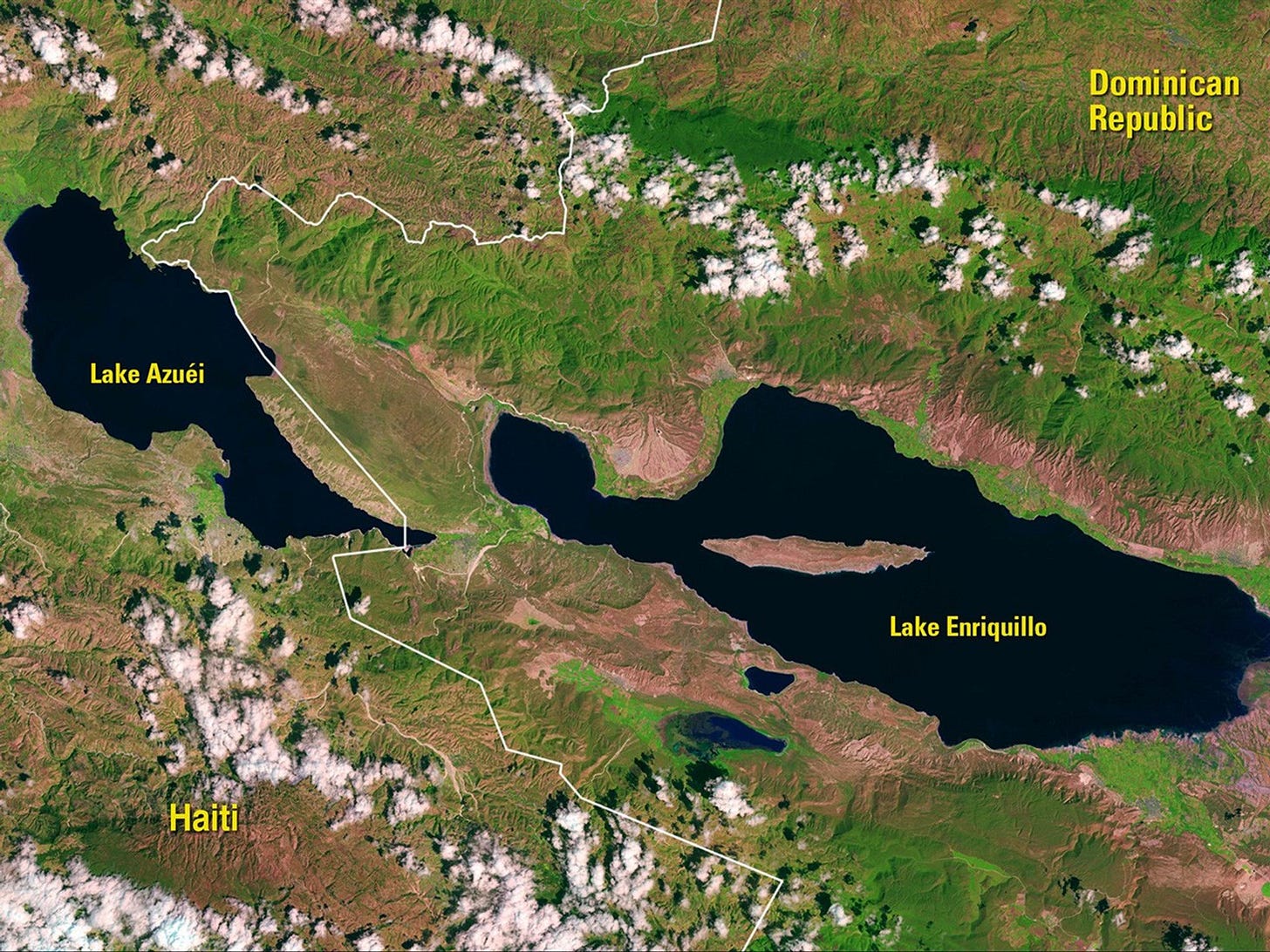 The Dominican Republic’s Lake Enriquillo has doubled in size since 2002. By March 2016, it had engulfed 40,000 acres of farmland and displaced thousands of families. Similarly in Haiti, Lake Azuéi grew by 40 percent in that time period, stretching farther into the neighboring country. Dominican leaders hope damming the Rio Yaque del Sur, the nation’s second-longest river, will keep the lakes from swallowing more farmland and further threatening the fragile ecosystem. Images taken by the Enhanced Thematic Mapper Plus onboard Landsat 7 and the Operational Land Imager onboard Landsat 8. Source: U.S. Geological Survey (USGS) Landsat Missions Gallery; Lake Levels in Hispaniola Rise Dramatically; U.S. Department of the Interior / USGS and NASA. The Dominican Republic’s Lake Enriquillo has doubled in size since 2002. By March 2016, it had engulfed 40,000 acres of farmland and displaced thousands of families. Similarly in Haiti, Lake Azuéi grew by 40 percent in that time period, stretching farther into the neighboring country. Dominican leaders hope damming the Rio Yaque del Sur, the nation’s second-longest river, will keep the lakes from swallowing more farmland and further threatening the fragile ecosystem. Images taken by the Enhanced Thematic Mapper Plus onboard Landsat 7 and the Operational Land Imager onboard Landsat 8. Source: U.S. Geological Survey (USGS) Landsat Missions Gallery; Lake Levels in Hispaniola Rise Dramatically; U.S. Department of the Interior / USGS and NASA.