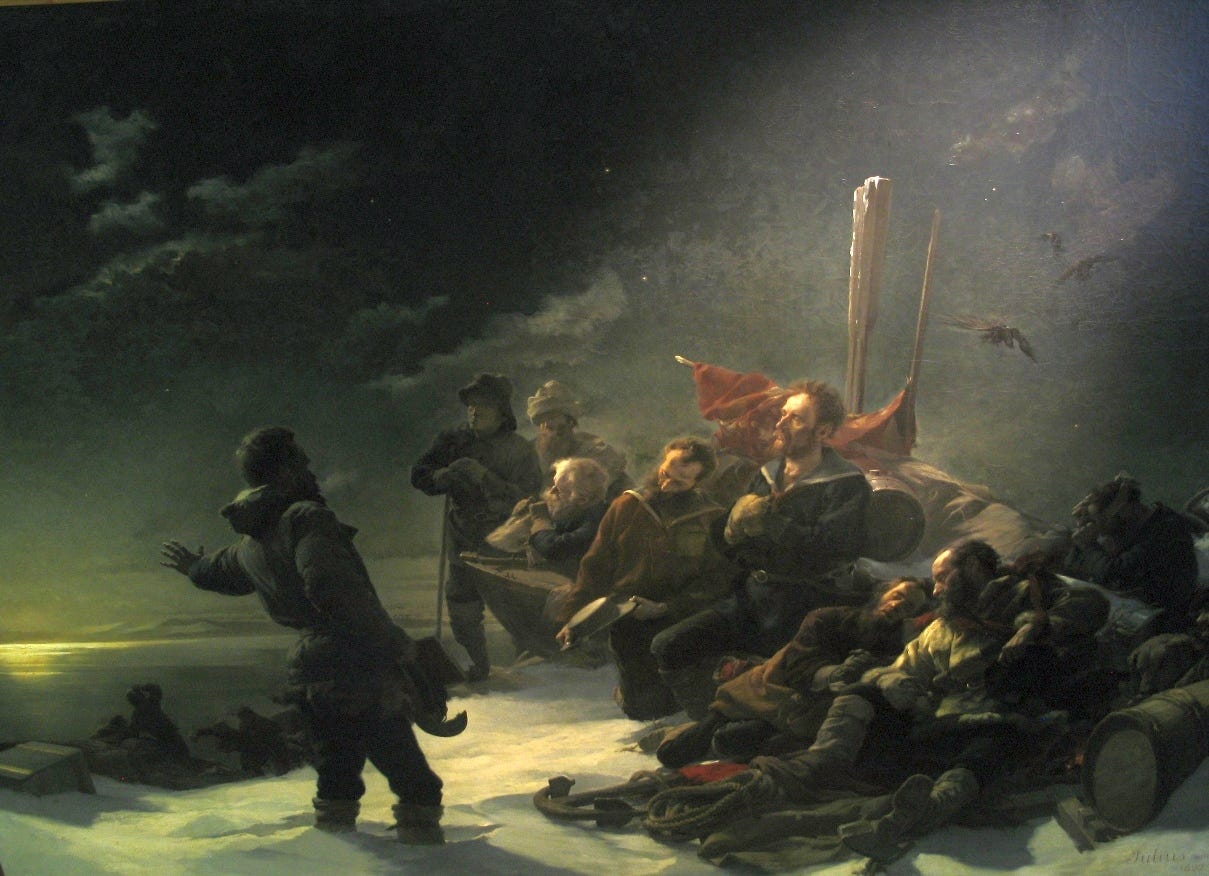Exhausted sailors in heavy coats haul boats and sledges across broken pack ice under a grey Arctic sky, some turning back while others urge them on. Exhausted sailors in heavy coats haul boats and sledges across broken pack ice under a grey Arctic sky, some turning back while others urge them on.