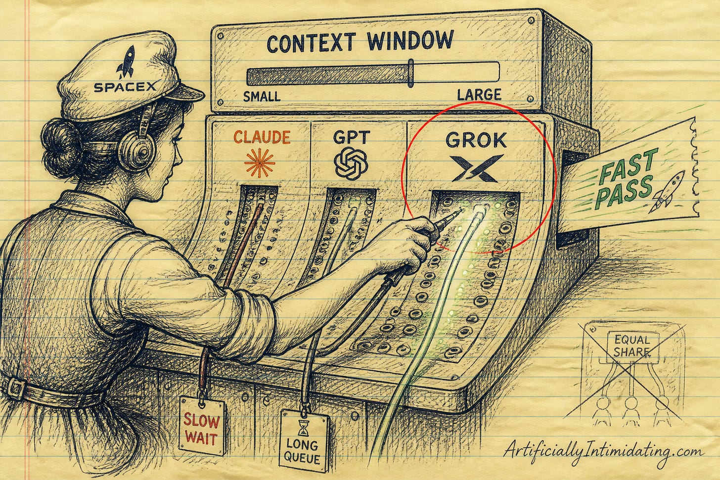 Editorial cartoon: a SpaceX-badged switchboard operator gives the Grok lane a fast pass while the Claude and GPT lanes wait in slow queues. Editorial cartoon: a SpaceX-badged switchboard operator gives the Grok lane a fast pass while the Claude and GPT lanes wait in slow queues.