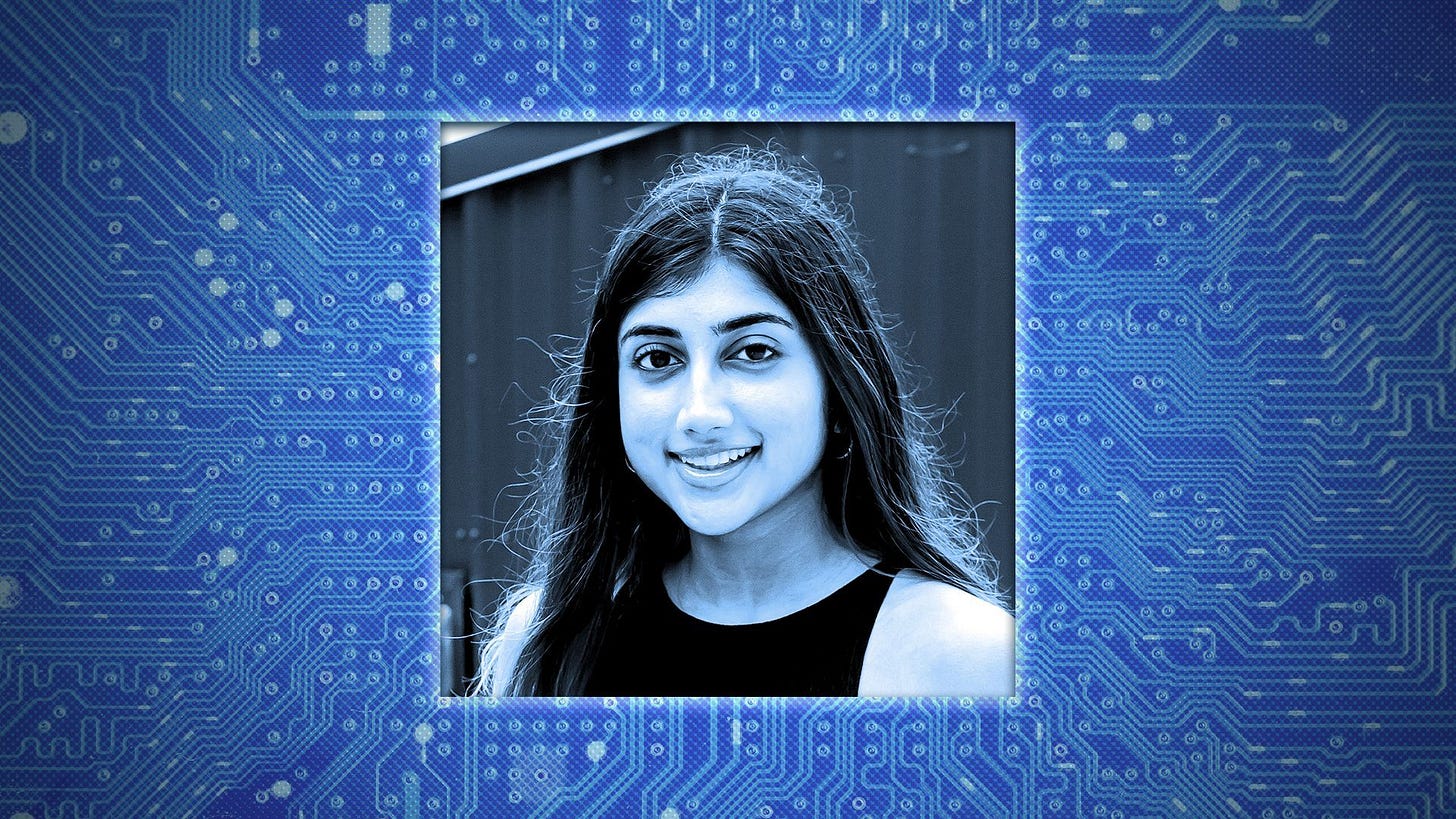 Photo illustration of Devshi Mehrotra on a circuitboard background