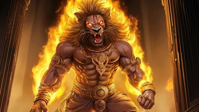 Fiery Lord Narasimha Emerging in Flames, Depicting Divine Power and Justice  in Hindu Mythology