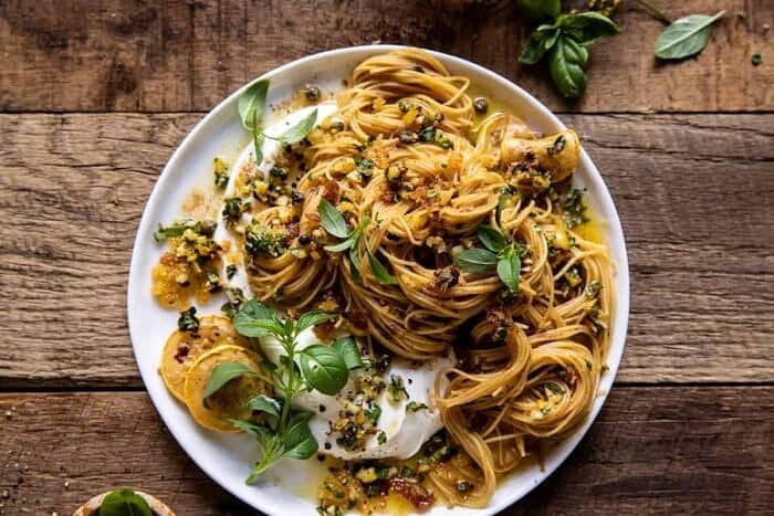 overhead horizontal photo of 20 Minute Lemon Butter Pasta with Ricotta and Spicy Breadcrumbs overhead horizontal photo of 20 Minute Lemon Butter Pasta with Ricotta and Spicy Breadcrumbs