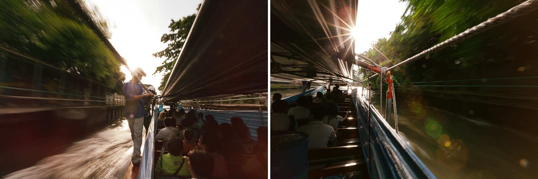 Once on board, passengers travelling at speed along the khlong but can enjoy the changing light and passing scenery. 1/15, F/ 22, ISO 200, 16mm & 1/4, F/22, ISO 50, 16mm Once on board, passengers travelling at speed along the khlong but can enjoy the changing light and passing scenery. 1/15, F/ 22, ISO 200, 16mm & 1/4, F/22, ISO 50, 16mm