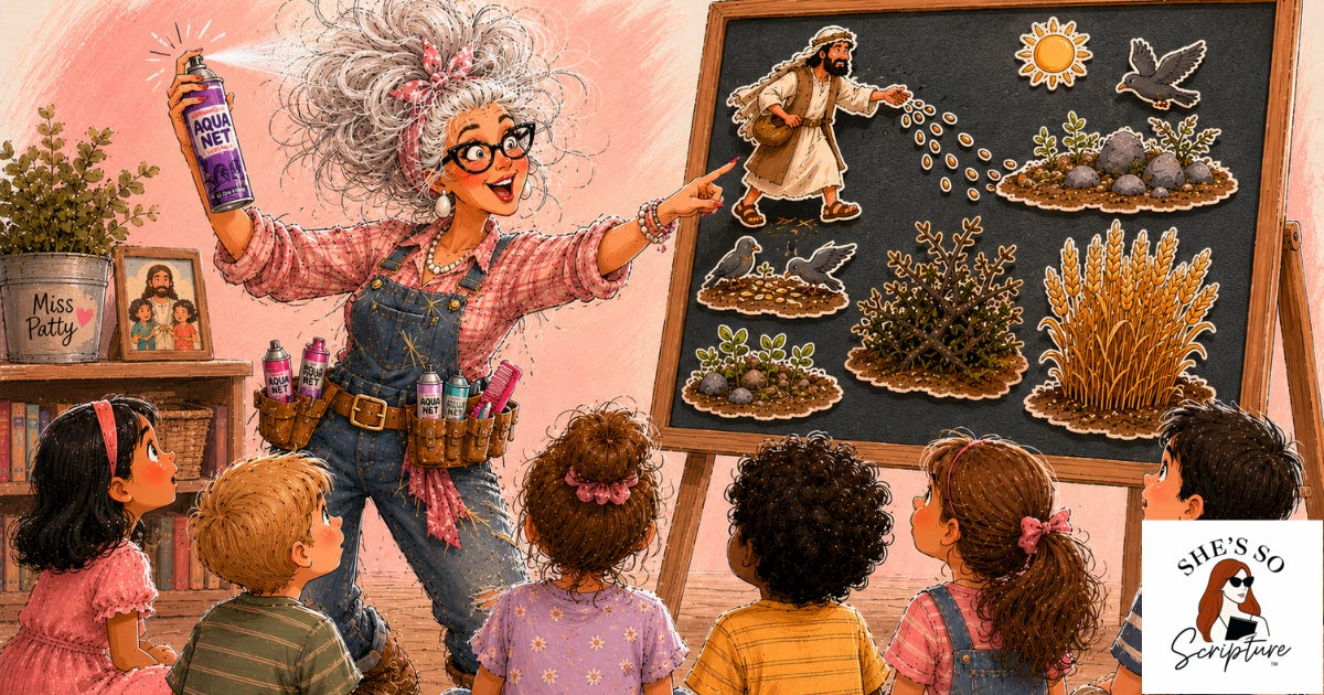 Whimsical cartoon-style illustration of a middle-aged Sunday school teacher with a towering silver bouffant hairstyle, oversized cat-eye glasses, denim overalls over a pink plaid shirt, and a utility belt filled with cans of Aqua Net hairspray. She playfully sprays her hair with one hand while pointing to a vintage felt board illustrating the Parable of the Sower, showing a sower scattering seed onto different types of soil, birds, thorny ground, rocky ground, and mature wheat. Several children sit on the floor watching attentively in a warm pastel classroom with blush pink watercolor tones, bookshelves, plants, and playful vintage decor