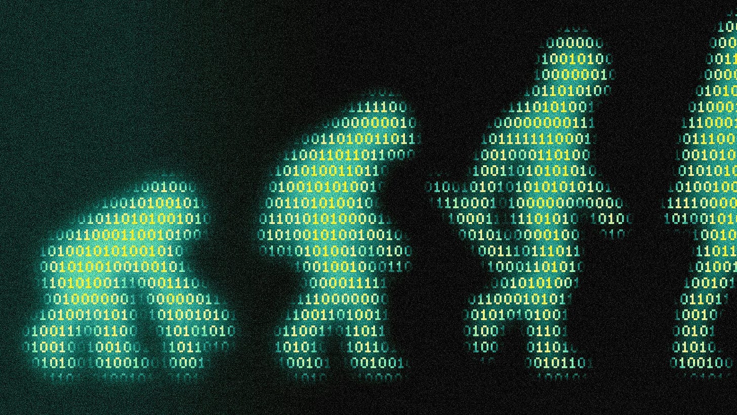 Illustration of the stages of human evolution, with glowing binary code in the silhouettes of the different stages, from primate to human.