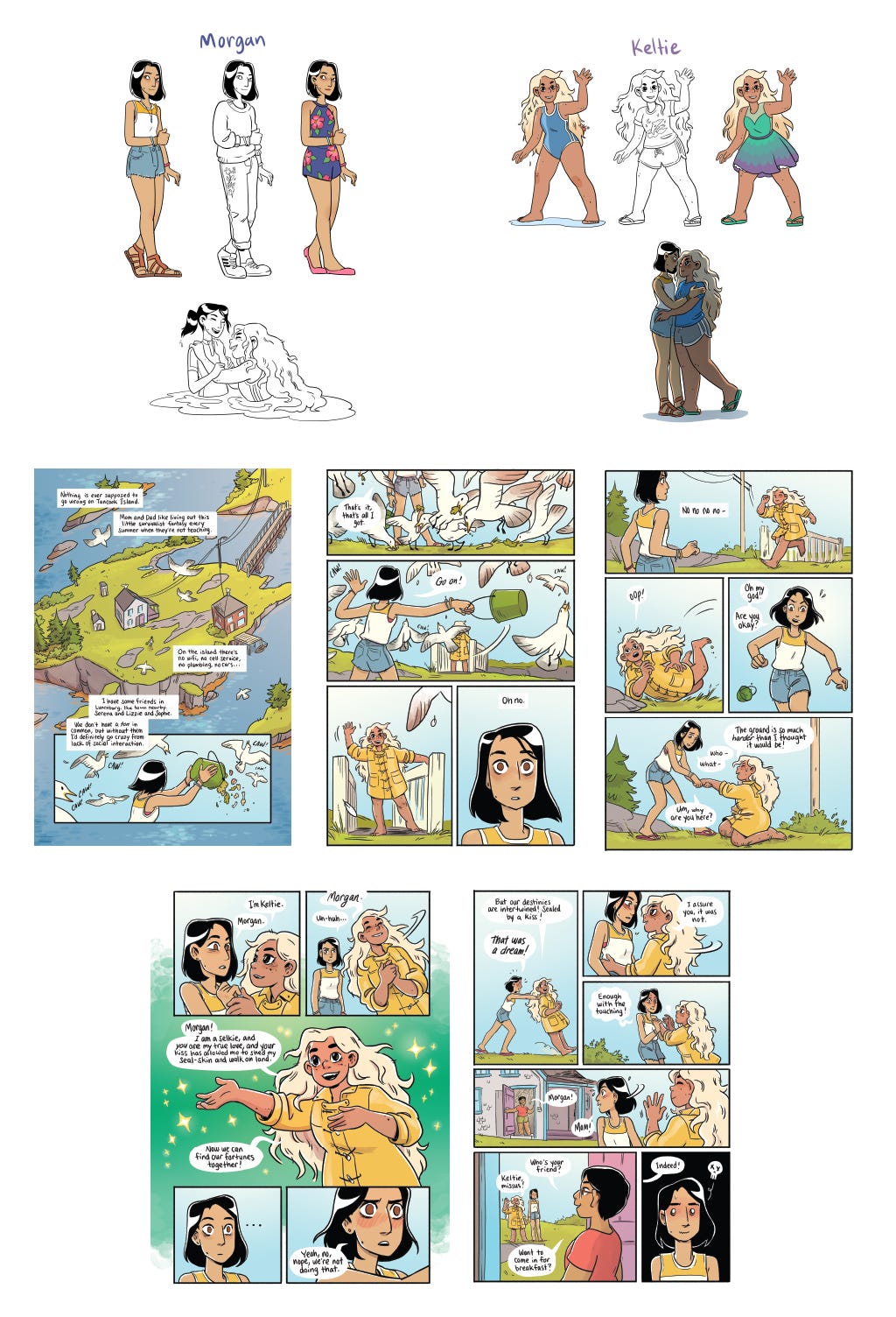 a selection of character designs for morgan and keltie, two interaction drawings, and five colored pages of comic