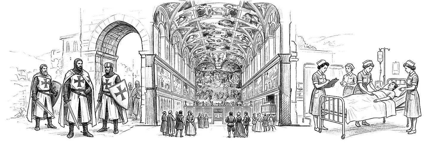 Illustration showing Crusader knights, the Sistine Chapel, and nurses caring for the sick