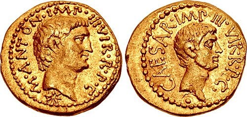 Ancient Roman coin depicting Antony on the obverse and Octavian on the reverse