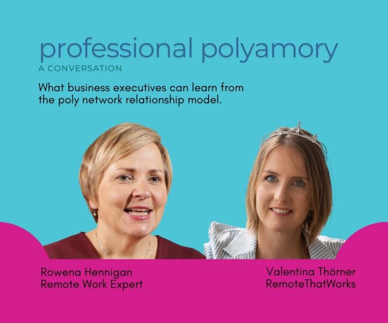 Professional Polyamory, a conversation, what business executives can learn from the poly network relationship model. Pic with Valentina and Rowena headshots and descriptors. Voting link in the comments.