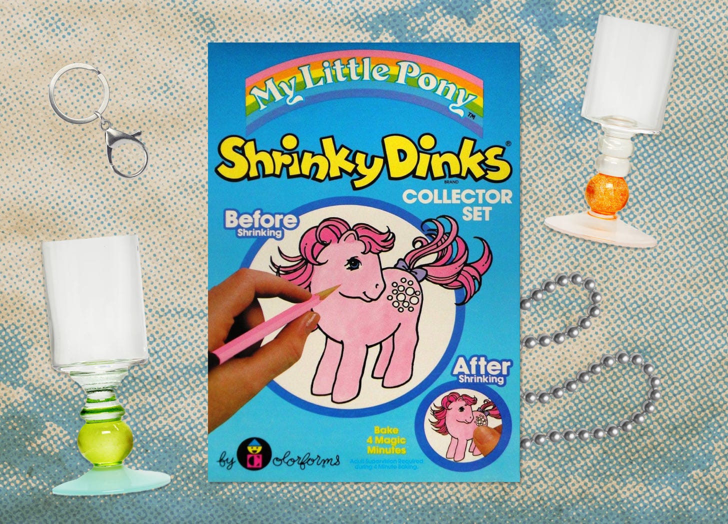A collage of shrinky dinks, key chain accessories, and cute cocktail glasses