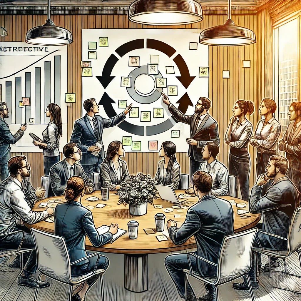 A detailed and high-quality illustration of a diverse team gathered around a table, engaged in a retrospective meeting. Team members are actively discussing ideas, placing sticky notes on a well-organized whiteboard. A prominent circular flow or cycle diagram in the background symbolizes continuous improvement. The setting is professional yet collaborative, with a mix of modern office elements and engaged expressions on people's faces. The details are sharp, with clear facial expressions, refined attire, and a well-lit environment.