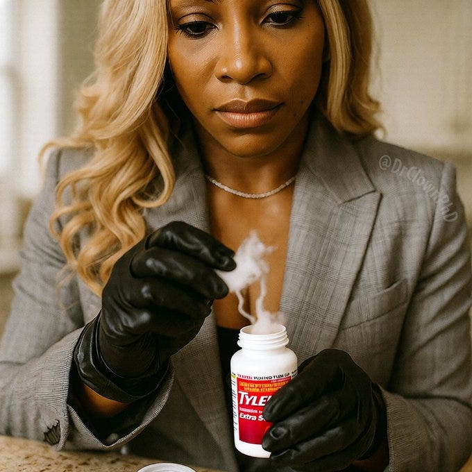 Serena Williams wearing a gray blazer and black gloves, holding a Tylenol Extra Strength bottle with cotton visible inside. She has long blonde hair and a necklace. A watermark "@DrClownPhD" is present in the corner. Serena Williams wearing a gray blazer and black gloves, holding a Tylenol Extra Strength bottle with cotton visible inside. She has long blonde hair and a necklace. A watermark "@DrClownPhD" is present in the corner.
