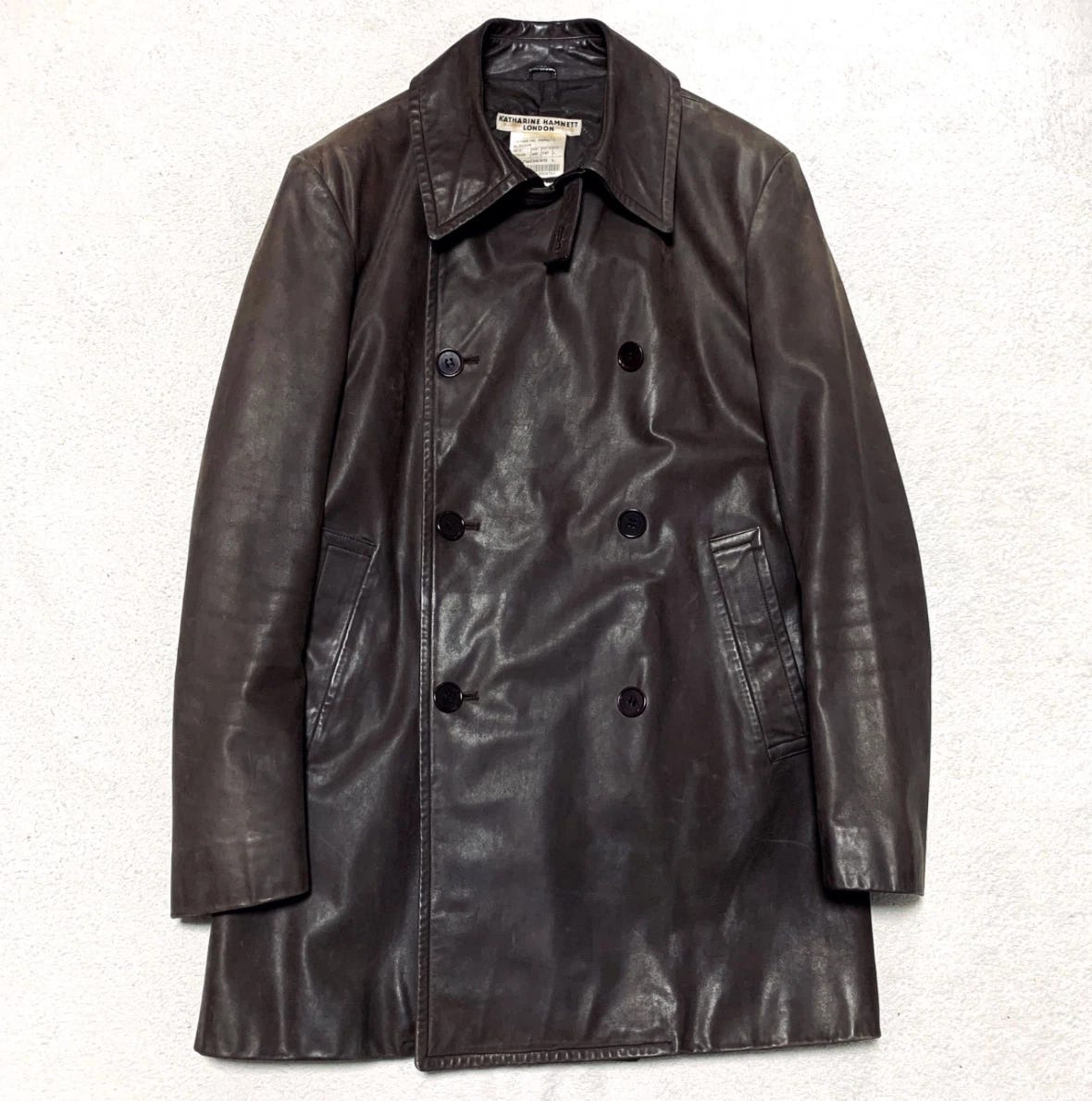 KATHARINE HAMNETT LONDON Dark Brown Leather Coat Jacket Size L From Japan Used - Picture 1 of 17 KATHARINE HAMNETT LONDON Dark Brown Leather Coat Jacket Size L From Japan Used - Picture 1 of 17