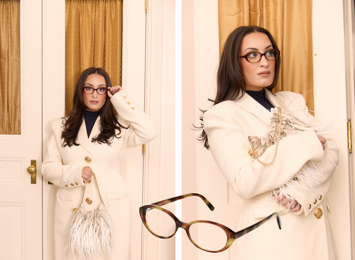 Images of Bella wearing the Warby Parker Franny glasses