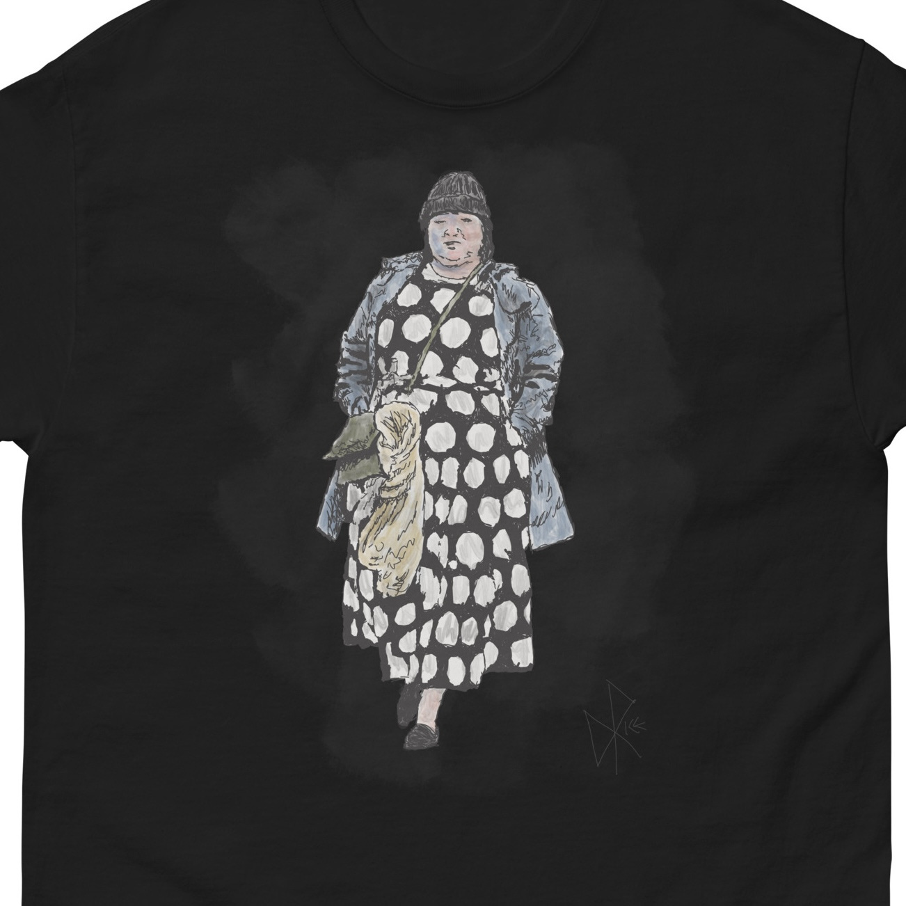 Hands in her pockets, a woman in a dress, jacket and winter cap out walking on the sidewalk. Sketch art by Don Rice. Hands in her pockets, a woman in a dress, jacket and winter cap out walking on the sidewalk. Sketch art by Don Rice.