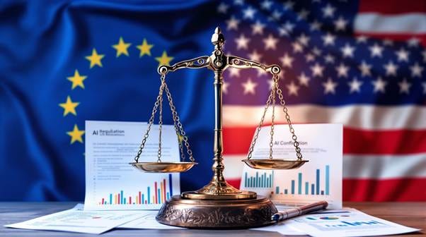 International AI regulation landscape showing EU and US flags International AI regulation landscape showing EU and US flags