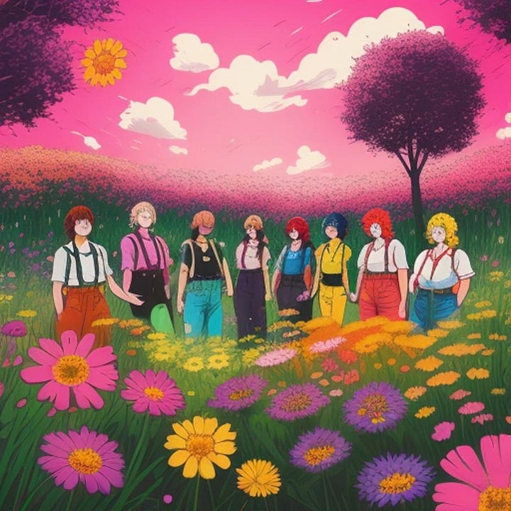 Cartoon, bold coloured drawn images of femmes in varying types of suspenders - mostly aprons and lederhosen like garments amidst bright backgrounds and flowers.