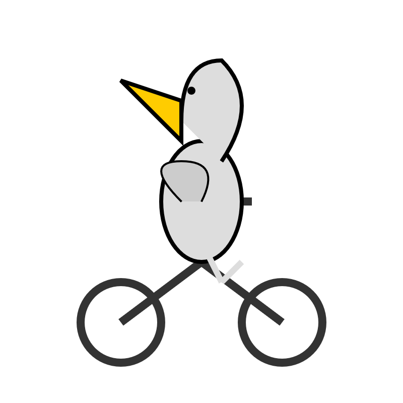 A minimalist vector-style illustration of a stylized bird riding a bicycle.