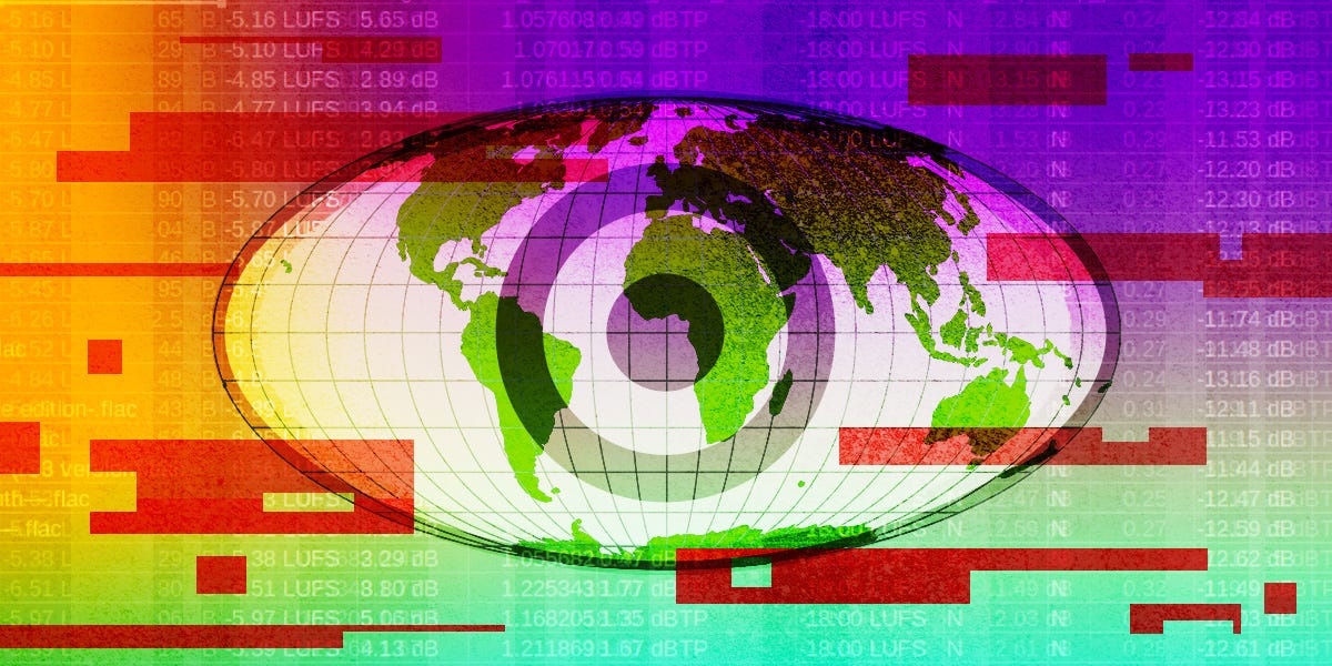 an eye covers a globe in multi-hued background an eye covers a globe in multi-hued background