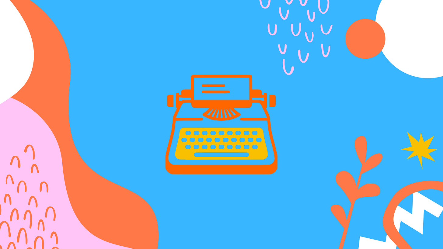 typewriter graphic over blue background with shapes along the border typewriter graphic over blue background with shapes along the border