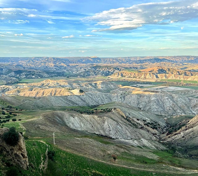 View from the top of the ghost town of Craco over the Basilicata Calanchi
