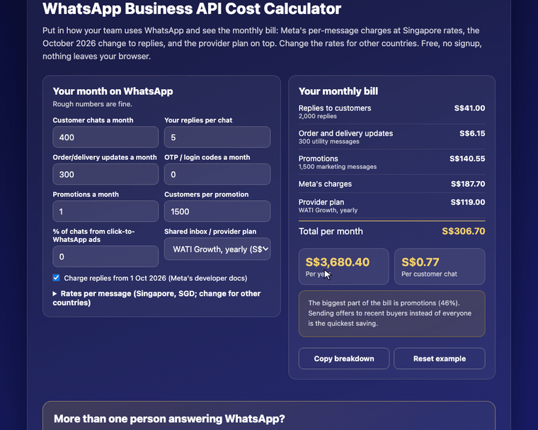 Demo: the free WhatsApp Business API Cost Calculator in action Demo: the free WhatsApp Business API Cost Calculator in action