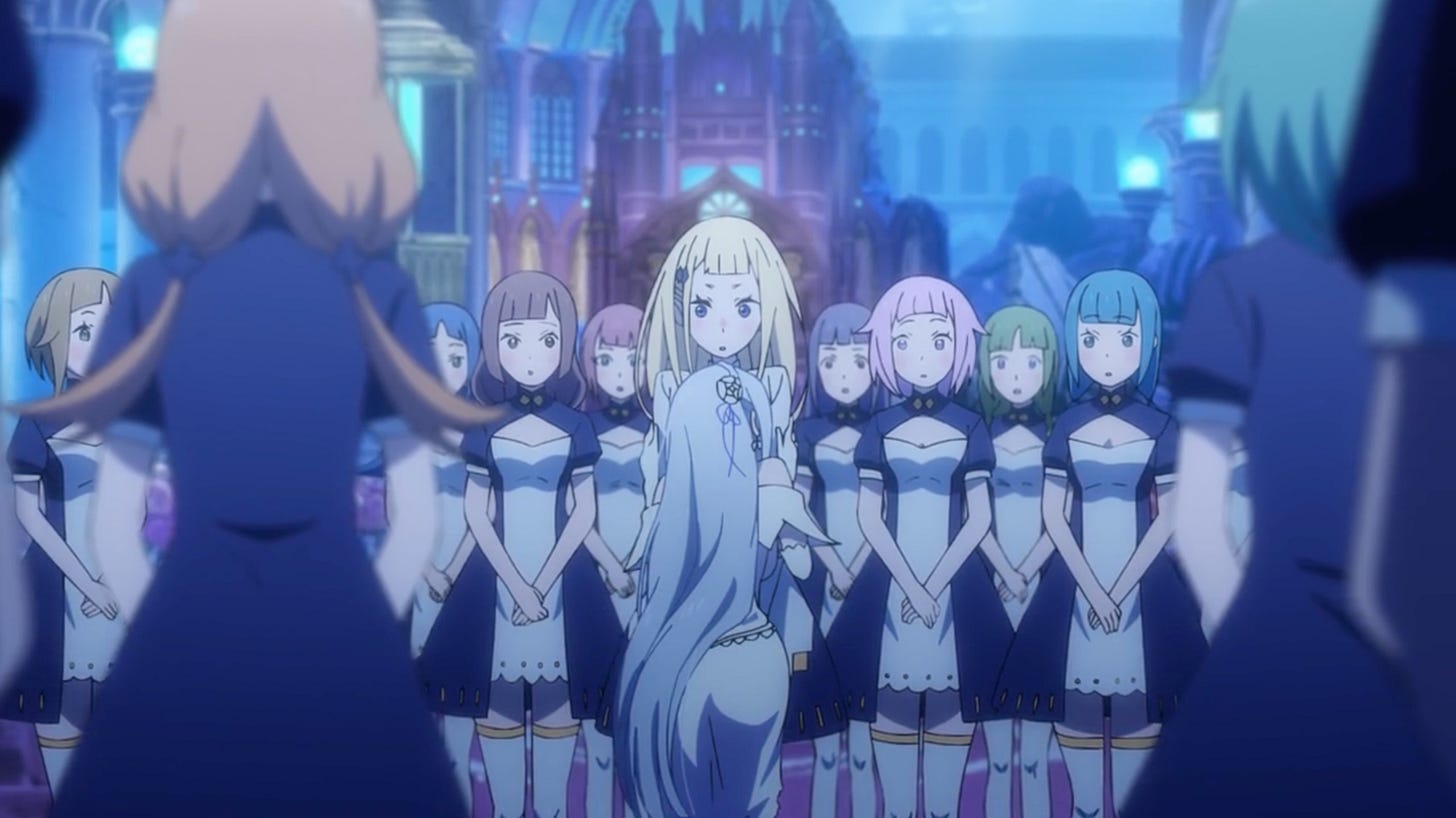 Emilia listens to Sylphy's heart and finds out that Regulus (Greed) stays immortal by planting his heart into his wives in Re:Zero season 3 episode 12.