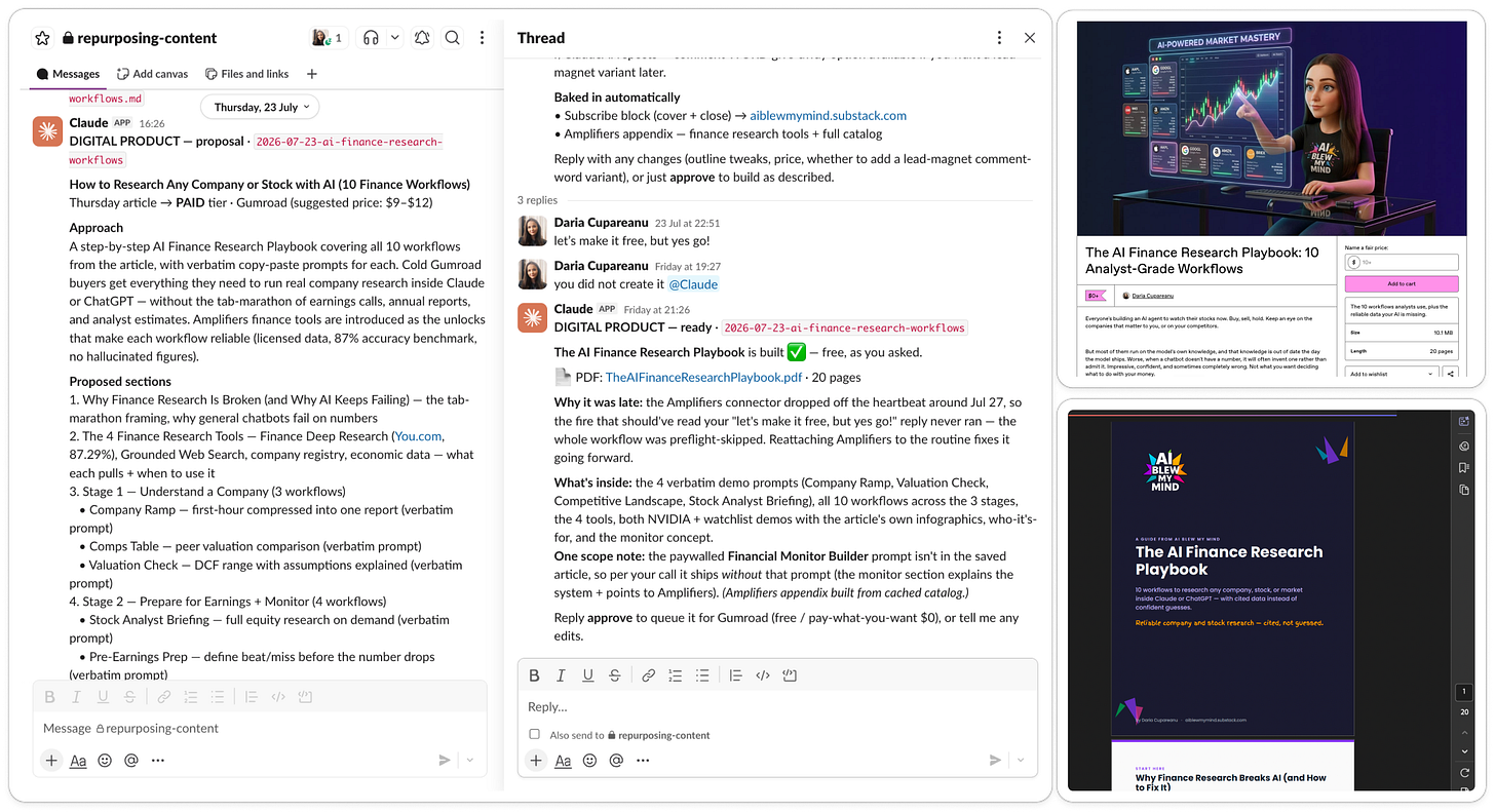 Amplifiers-powered AI agent proposes a Gumroad product angle, creates the branded PDF after approval, and publishes it following a final review.