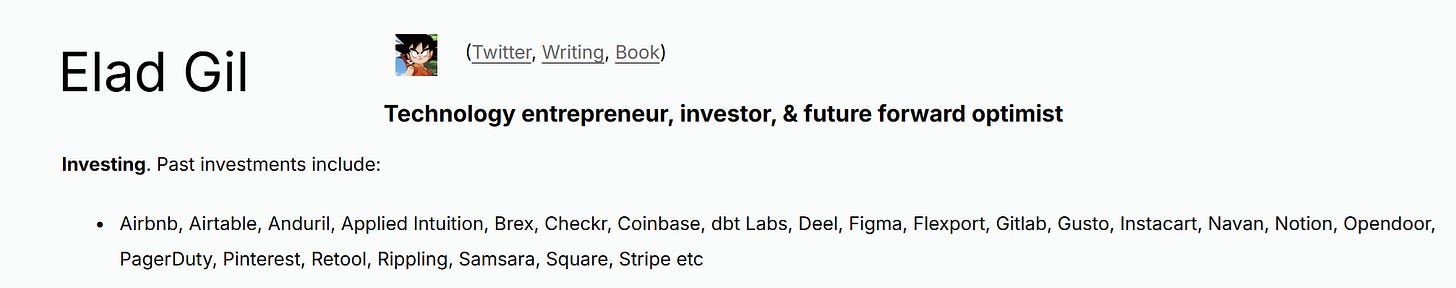 Elad Gil investor profile showing portfolio companies including Airbnb, Stripe, Coinbase, Figma, and Anduril