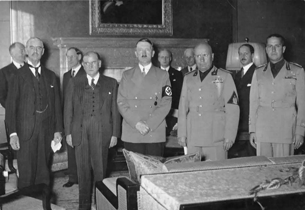 A historic lineup: Chamberlain, Daladier, Hitler, Mussolini, and Ciano pictured just before signing the infamous Munich Agreement on September 30, 1938, ceding the Sudetenland to Germany.