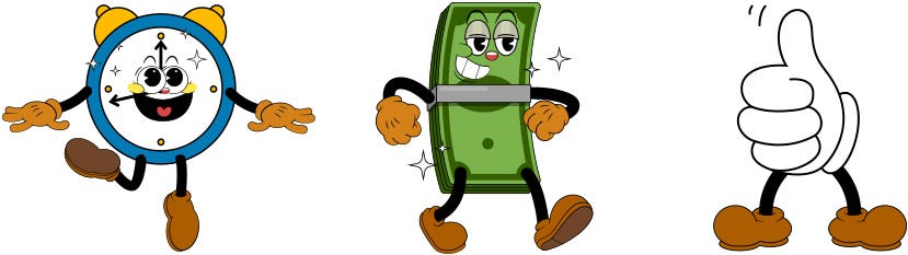 A cheerful clock, a satisfied bundle of dollar bills, and a thumbs-up icon, symbolizing the time efficiency, cost-effectiveness, and overall positive business impact of implementing PURE evaluations.