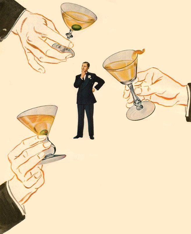 This may contain: two men in suits are holding wine glasses with one man standing between them and the other hand reaching for something