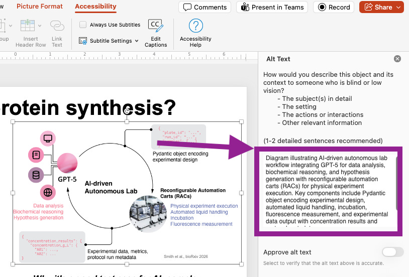 Screenshot of Showing adding AI generated alt-text to an image Screenshot of Showing adding AI generated alt-text to an image
