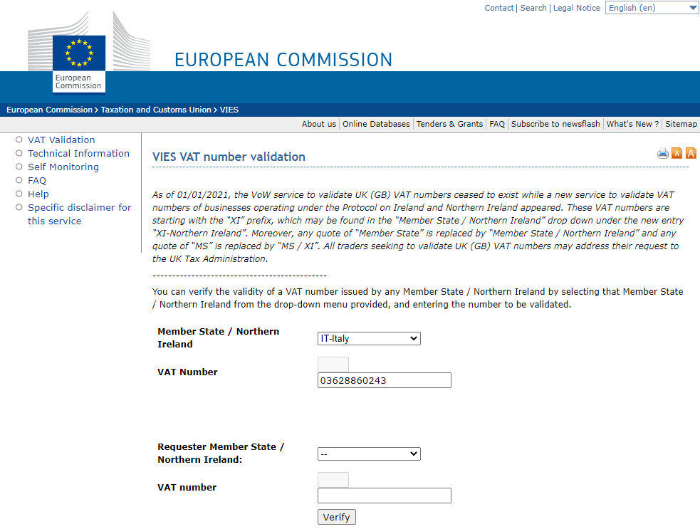 VIES VAT number validation portal home page with input parameters