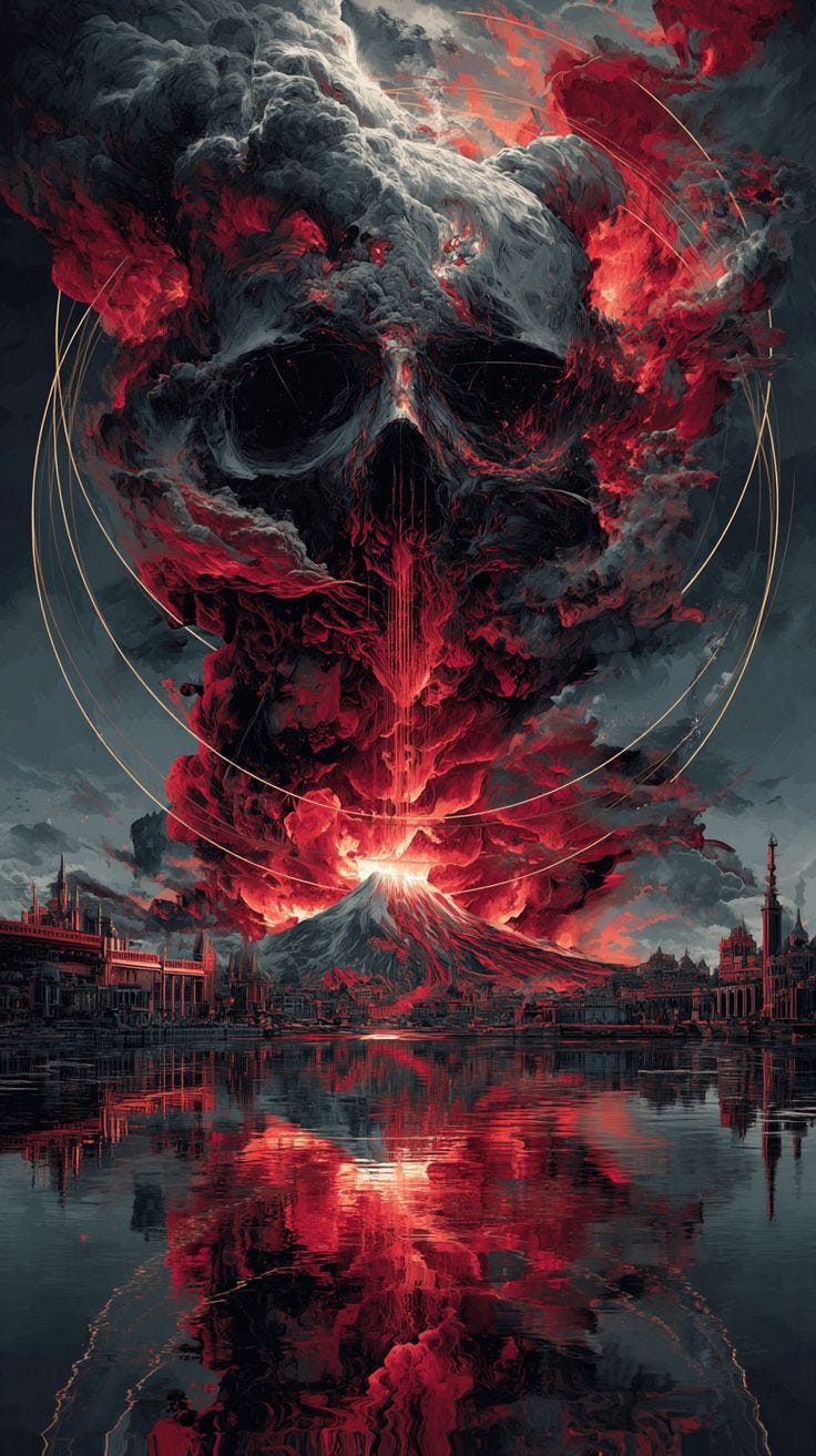 This may contain: a painting with red and black clouds in the sky above it is a large skull