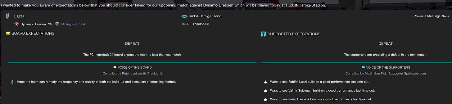 Football Manager 2023 Match Expectations