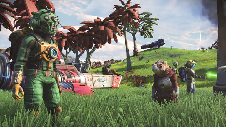 No Man's Sky alien inhabitants standing on a lush planet
