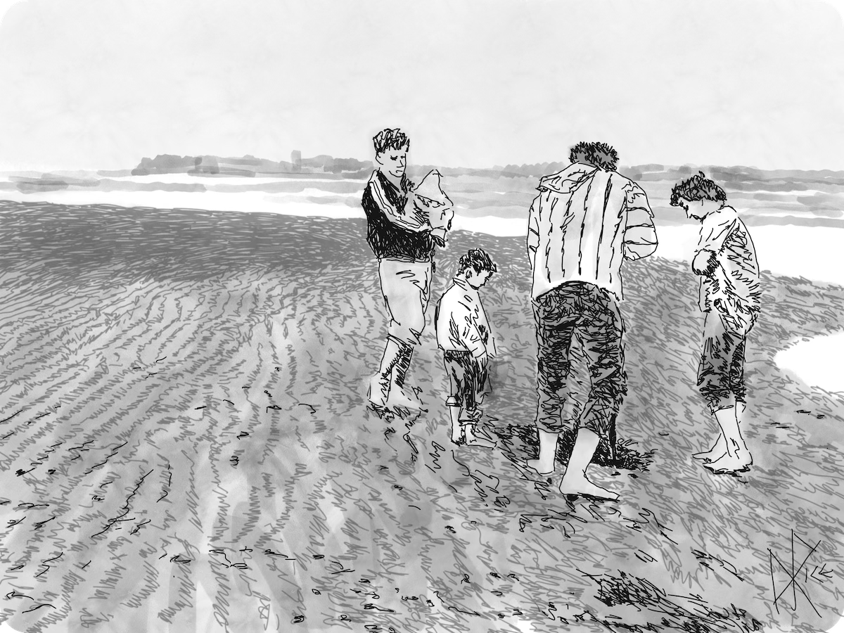 A family digs for clams on the beach. Sketch art by Don Rice. A family digs for clams on the beach. Sketch art by Don Rice.