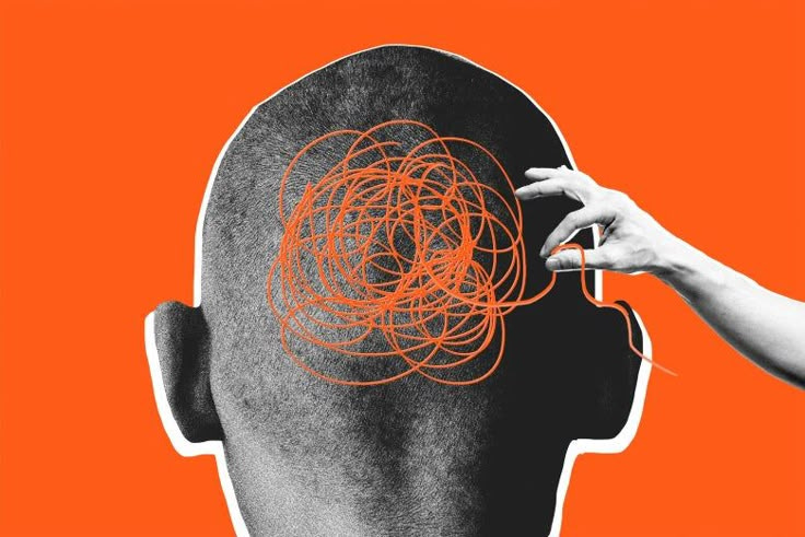 This may contain: a person's head is shown with an orange background and the outline of a man's head